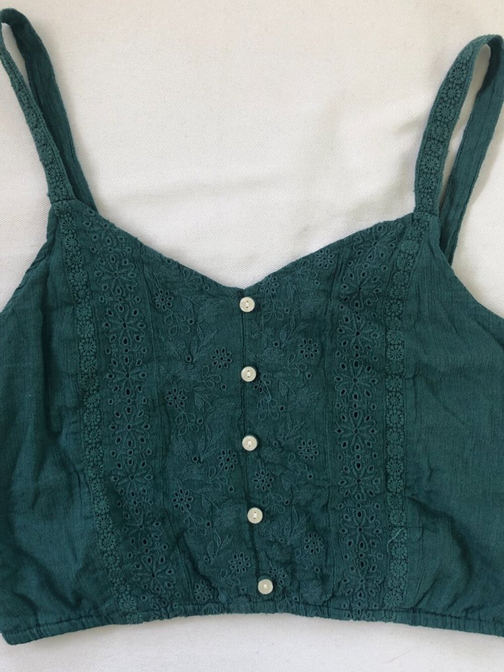 American Eagle Forest Green Faux Button Floral Lace Crop Tank Top Size Medium